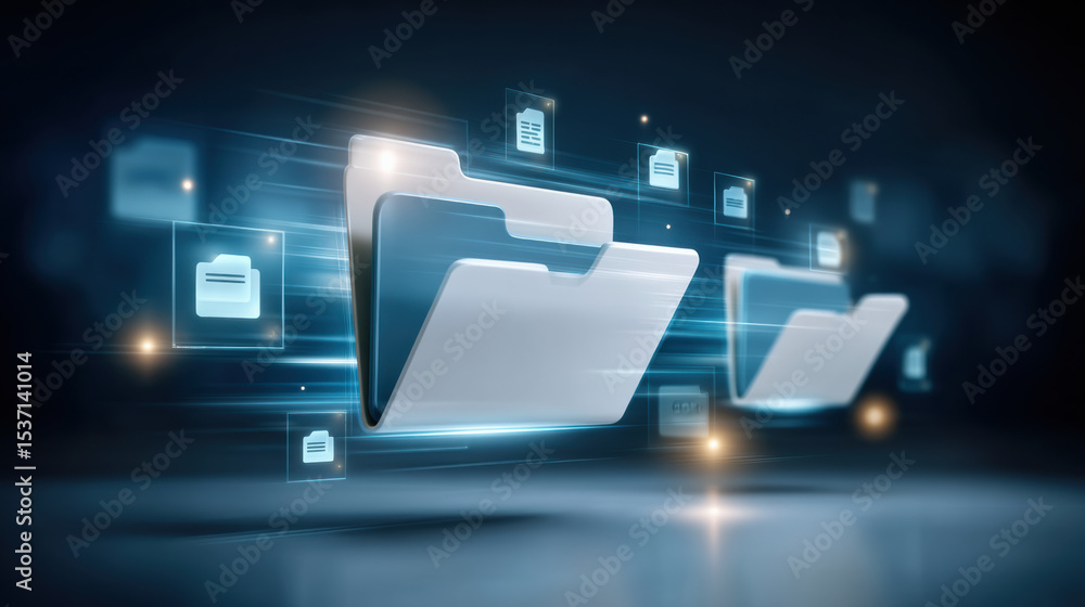 Aufkleber digital folder icon with glowing data files flying in futuristic blue background, symbolizing fast i