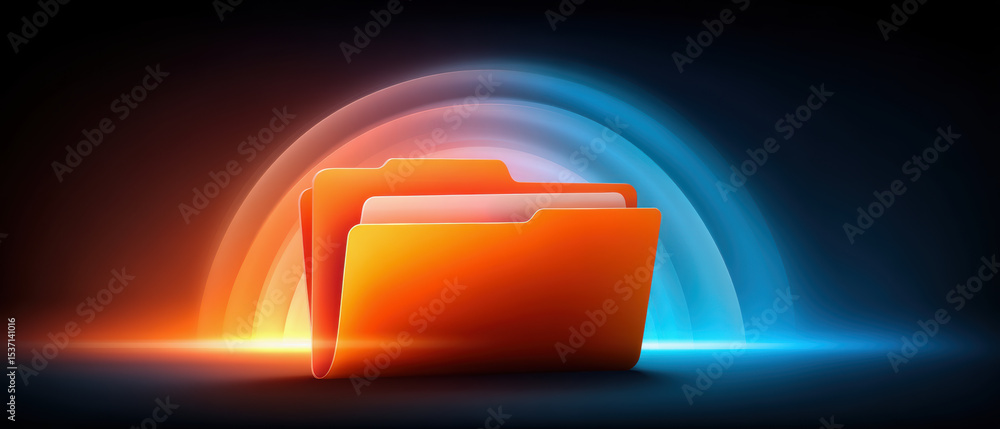 Poster digital folder icon glowing with orange and blue light, symbolizing data storage and file management