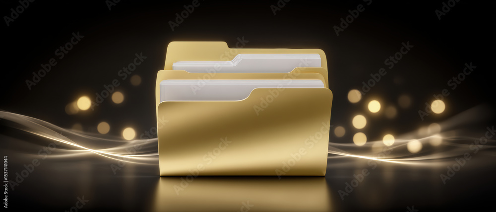Poster golden folder with documents glowing light effect on dark background, symbolizing organization and d