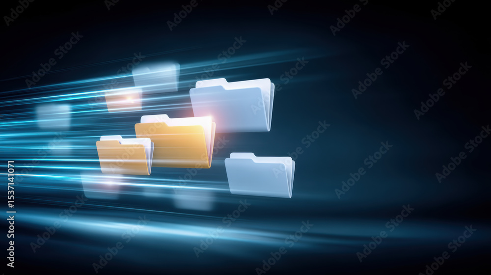 Aufkleber digital file folder icons flying fast with glowing light streaks on dark background, symbolizing dat