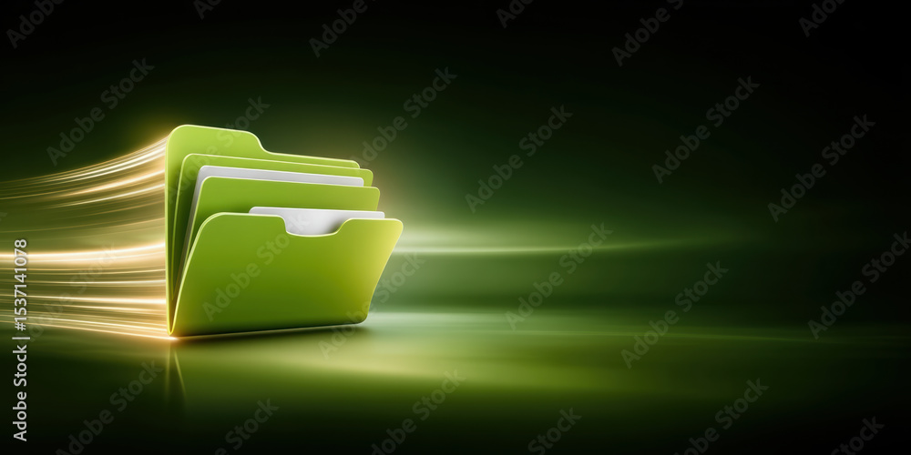 Aufkleber green digital folder with glowing light trails representing fast data transfer and technology innova