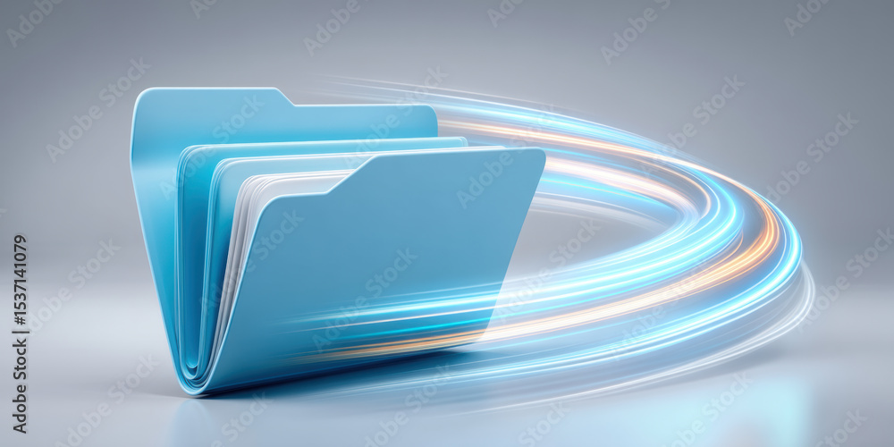 Poster blue folder with glowing light trails symbolizing fast data transfer and digital file sharing in mod