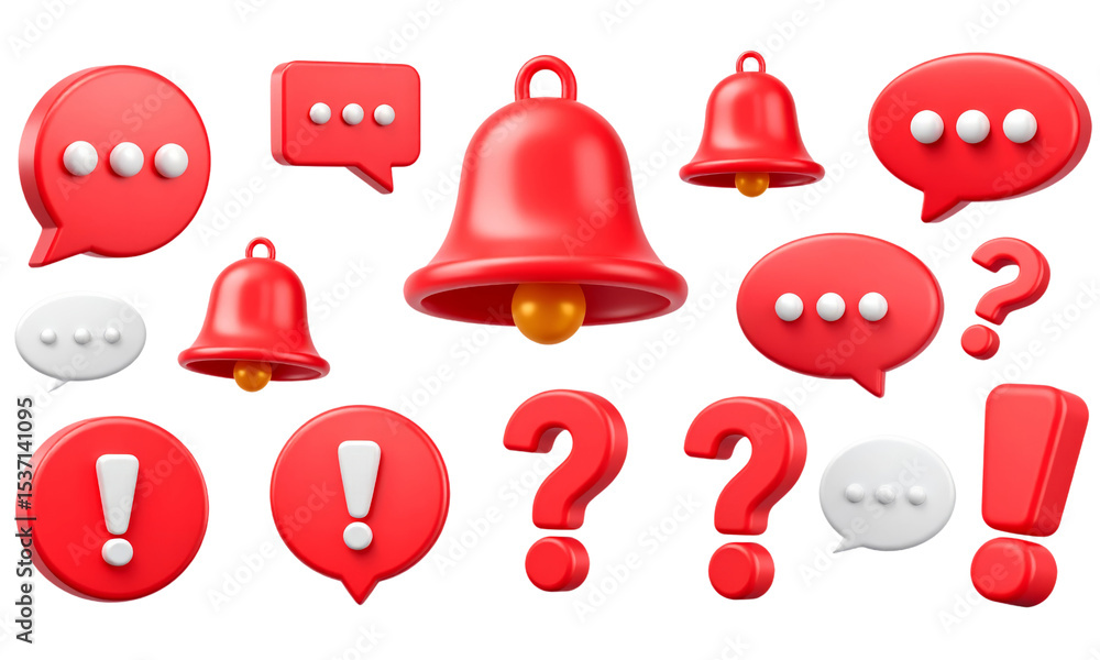 Poster red bell speech bubble exclamation mark and question mark icons with 3d style symbolizing notificati