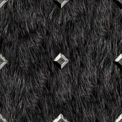 Seamless 4k photo texture of black fur or hair material with studs.