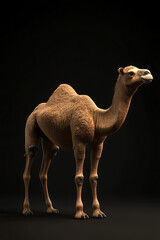 A majestic camel stands gracefully against a dark backdrop, showcasing its unique features and strength