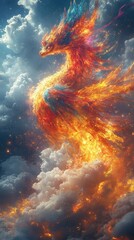 Fiery Phoenix Rising Amidst Cloudy Skies
