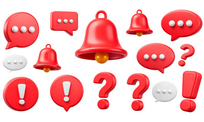 Red bell speech bubble exclamation mark and question mark icons with 3D style symbolizing notification alert message and inquiry isolated on transparent background