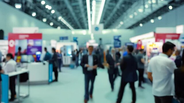 Blurred figures wander in large event hall. Abstract crowd moves between stands beneath bright ceiling lights. Exhibition attendees mingle in expansive interior setting.