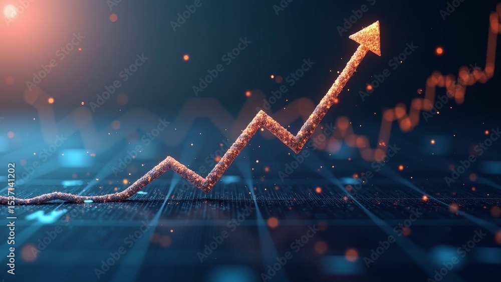 Poster rising arrow on digital background representing growth and progress