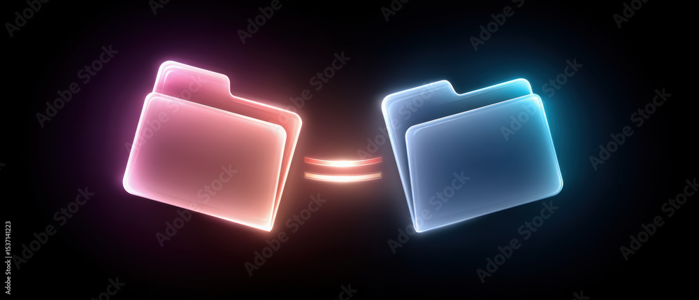 Poster glowing digital folder icons with equal sign symbolizing data transfer or file sharing in neon light