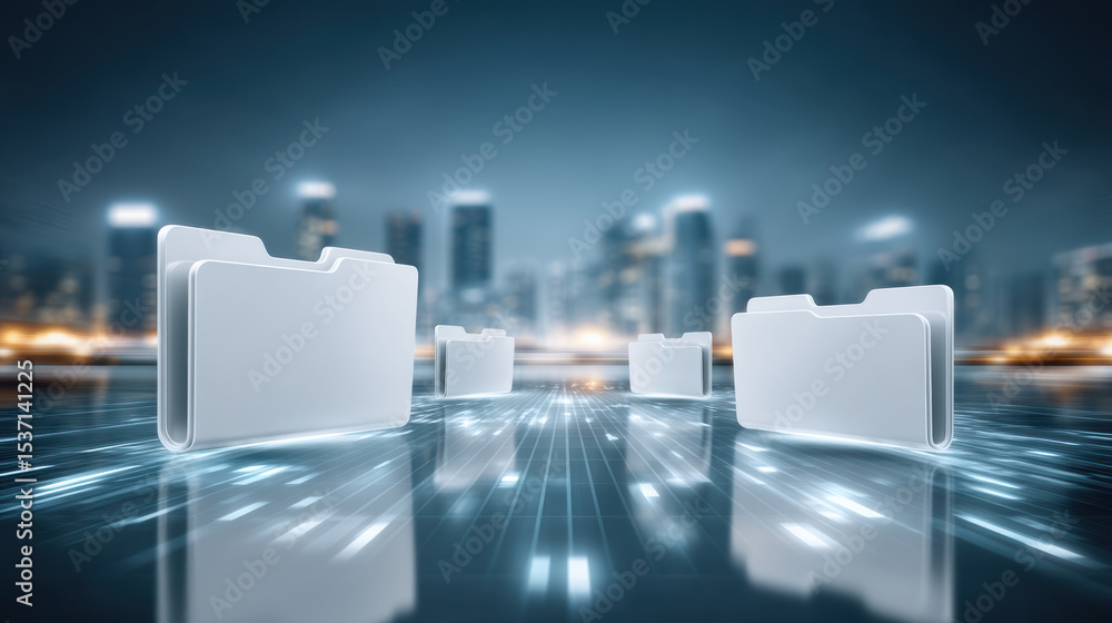 Poster digital file folder icons floating over futuristic cityscape with glowing data grid, symbolizing tec