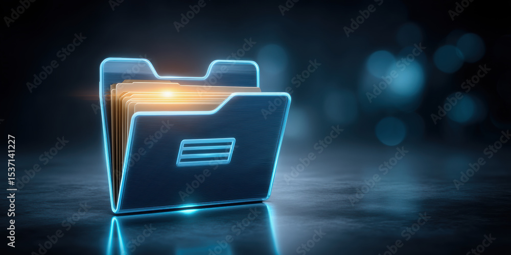 Poster glowing digital folder with illuminated files inside on dark reflective surface showing futuristic d