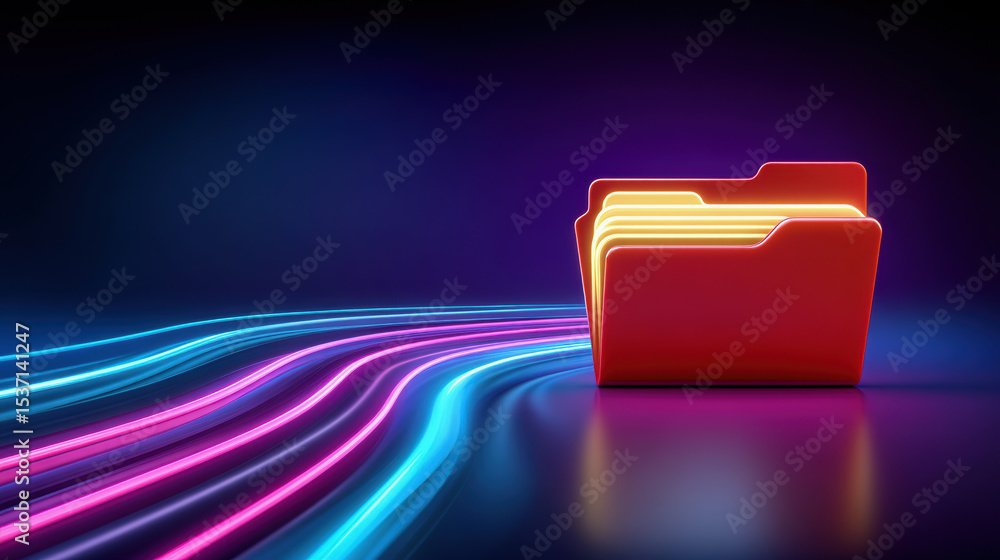Poster red folder with glowing neon light trails representing data transfer and digital storage in dark fut