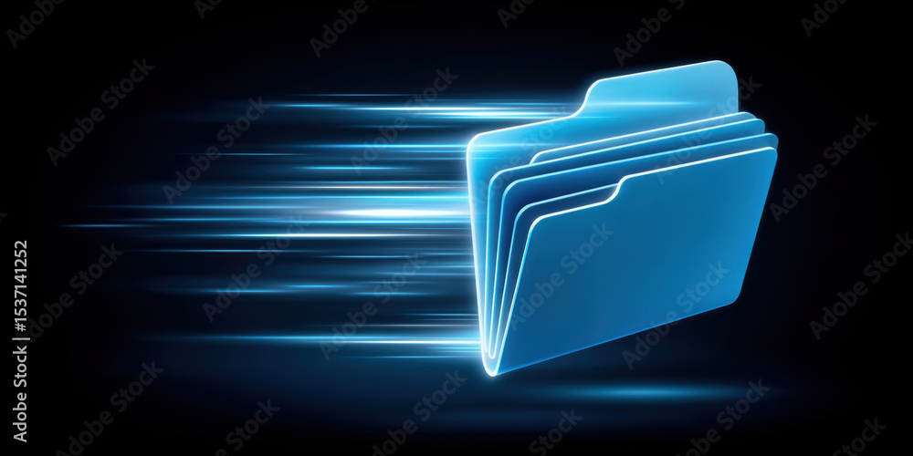Poster digital blue folder icon with glowing light streaks representing fast data transfer and technology s