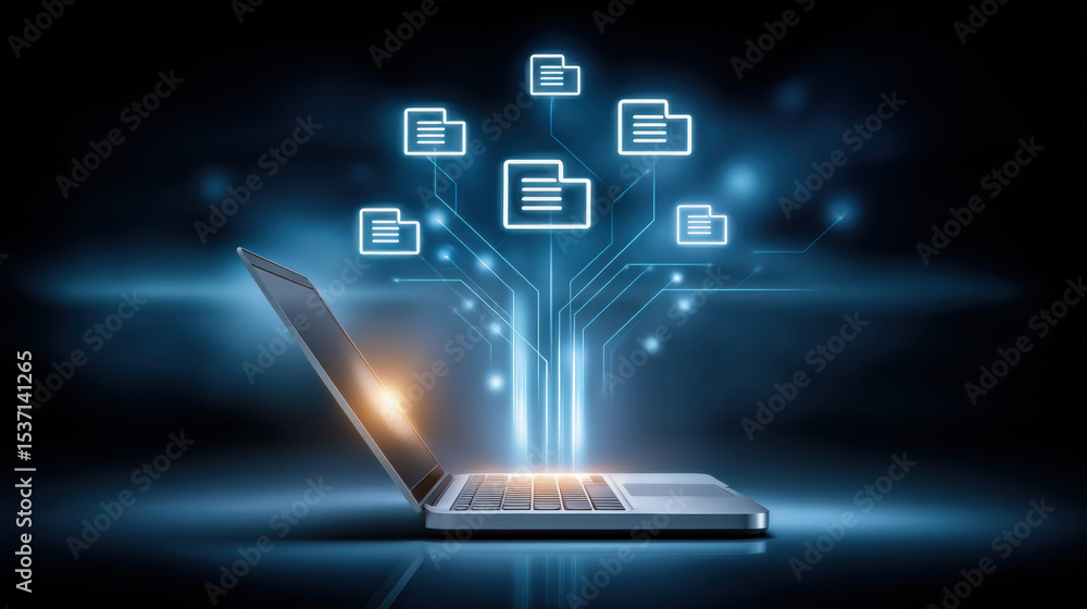 Poster digital file transfer concept with laptop and glowing folder icons representing data sharing and sto