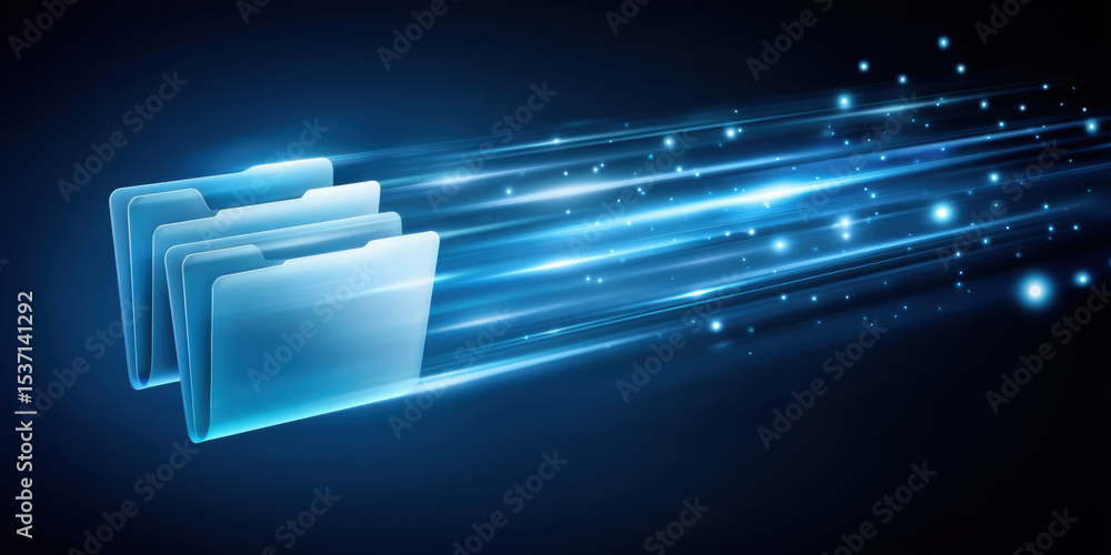 Poster blue digital folder icons with glowing light trails represent fast data transfer and technology inno