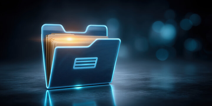 Glowing digital folder with illuminated files inside on dark reflective surface showing futuristic data storage concept