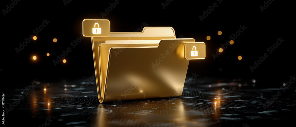 Poster golden folder with lock icon representing secure data storage and digital protection on dark backgro
