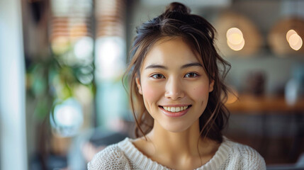 Obraz premium Portrait of a smiling young woman with her hair in a bun wearing a white sweater indoors looking at camera
