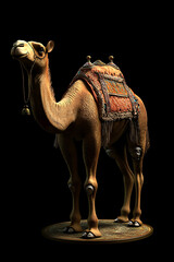 Realistic 3D camel model with ornate saddle, set against a black background, perfect for digital art