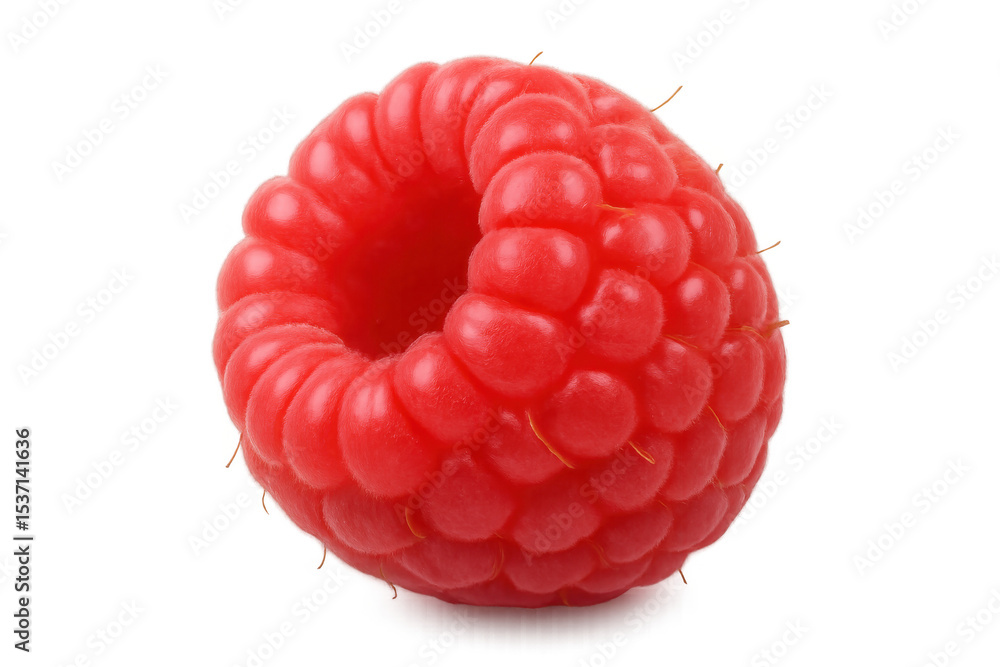Poster ripe red raspberry revealing intricate drupelets pattern, floating against translucent backdrop