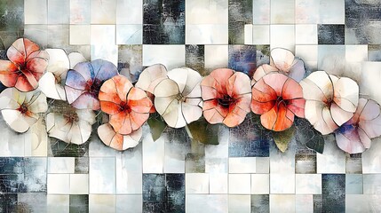 Artistic floral arrangement depicting vibrant flowers against a textured mosaic background suitable for various creative projects and designs.