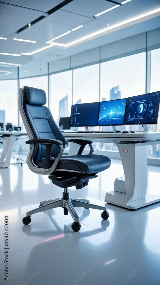 Poster modern executive office chair and desk setup with multiple computer monitors in a bright office spac
