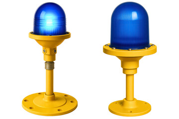 Bright blue aircraft runway lights on yellow stands on a transparent background