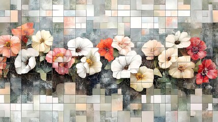 Abstract floral mosaic composition with pastel colored blossoms and a geometric pattern in a modern style