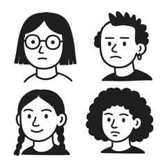 Hand draw simple cartoon faces collection in black and white vector illustration