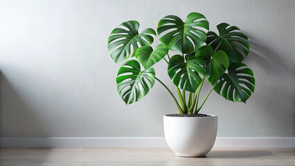 Vibrant Green Monstera Deliciosa Plant in a Modern White Pot against a Light Gray Wall Monstera plant
