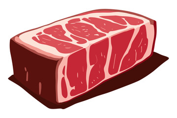 A stylized illustration of a raw steak slice, showing its marbling and texture.