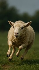 Fototapeta premium Energetic sheep leaping field