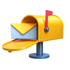 Yellow mailbox with red flag and blue envelope, 3D illustration, isolated on transparency background, cheerful and playful design, communication and postal service concept