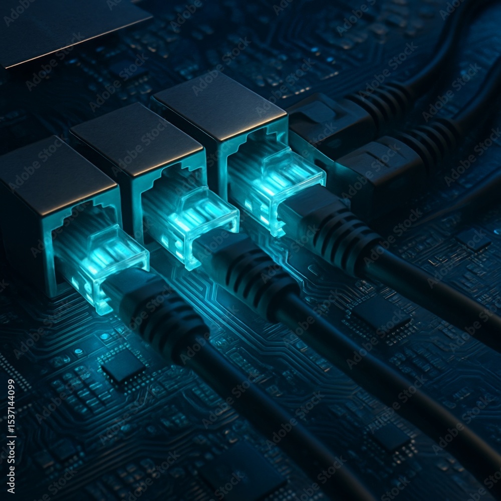 Poster digital network cables connecting to modern circuit board surface