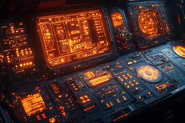 Futuristic control panel with glowing orange displays and complex technological details