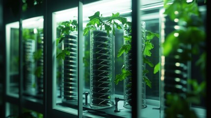 Vertical Hydroponic Farming System with Green Plants Growing in Controlled Environment