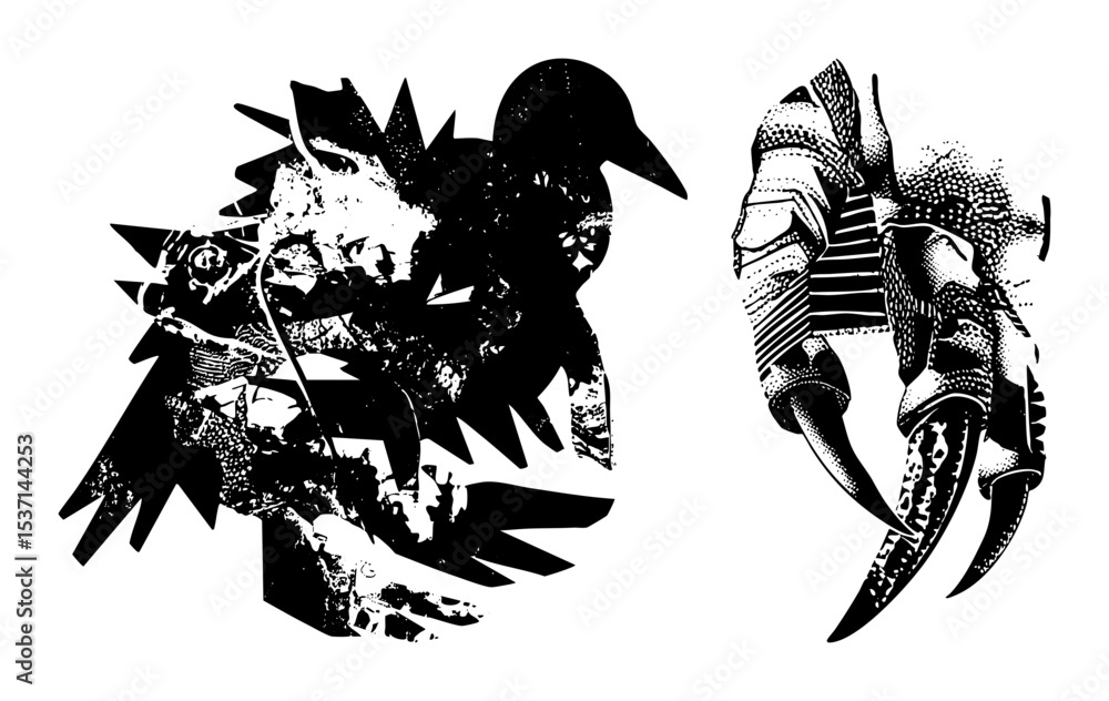 Poster vector aggressive reptile heads with sharp claws and scales.