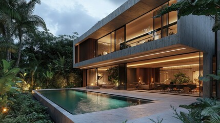 Modern luxury villa with swimming pool and tropical garden at dusk showcase