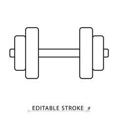 Dumbbell icon in minimal line style with editable stroke. Fitness equipment, workout symbol, gym element for strength training, weightlifting, bodybuilding visuals and healthy lifestyle design.