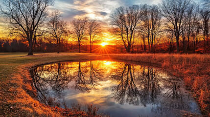 Serene sunset reflection over a tranquil pond in a rural landscape at dusk