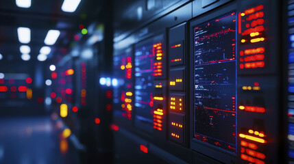 High tech server room with illuminated panels, showcasing vibrant lights and digital displays, creating futuristic atmosphere