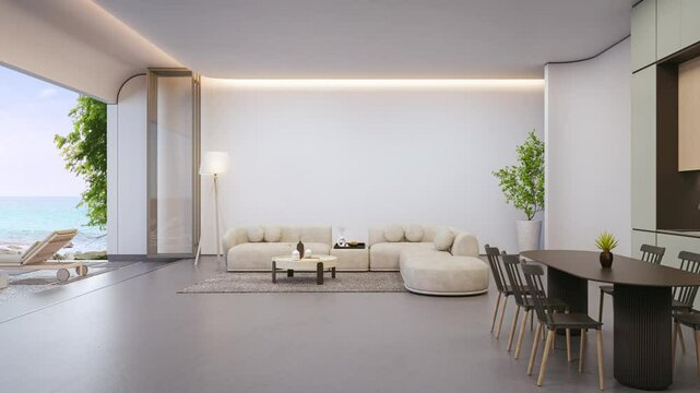 Sea view large living room of luxury summer beach house with terrace. Dining table on concrete floor and white wall kitchen in vacation home or holiday villa. Hotel interior 3d illustration.