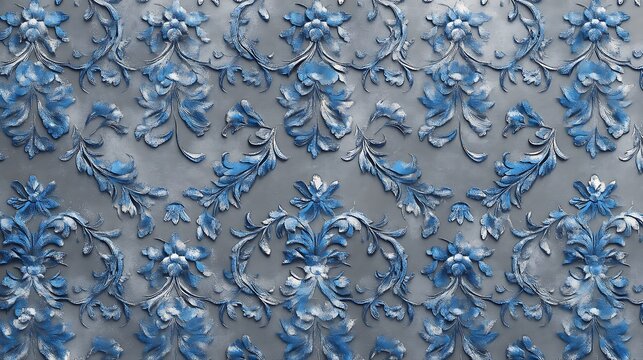 Exquisite decorative damask pattern design in blue and gray featuring intricate floral motifs and ornamental details for elegant backgrounds