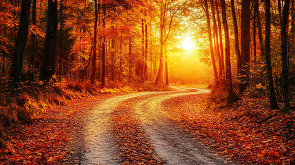 Autumnal forest path bathed in golden sunlight creating serene scenery