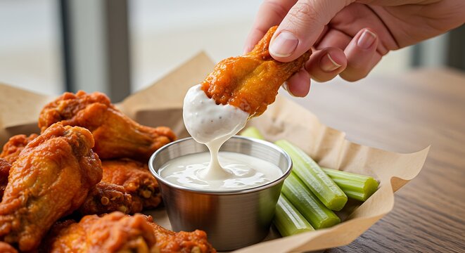 Crispy Buffalo Chicken Wings with Ranch Dip and Fresh Celery Sticks - Powered by Adobe