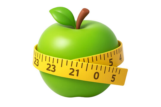 3D Green Apple with Measuring Tape – Diet and Healthy Lifestyle Icon, Isolated on Transparent Background, PNG