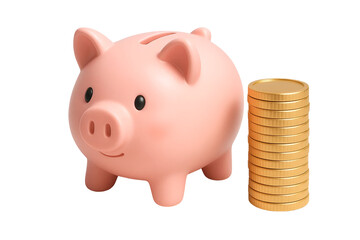 3D Piggy Bank with Coin Stack – Finance and Wealth Savings Icon, Isolated on Transparent Background, PNG