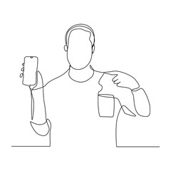 Continuous line drawing of business man holding smartphone. Editable stroke sketch line concept of finger click phone. Vector illustration
