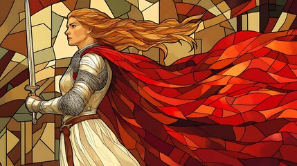 vector graphic of Joan of Arc with sword cathedral stained glass background ideal for historical education themes